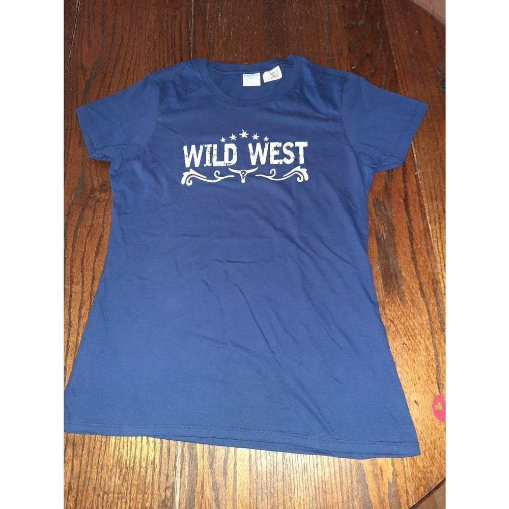New Medium Blue White Wild West Steer Short Sleeve Port & Co Tee Tshirt Top